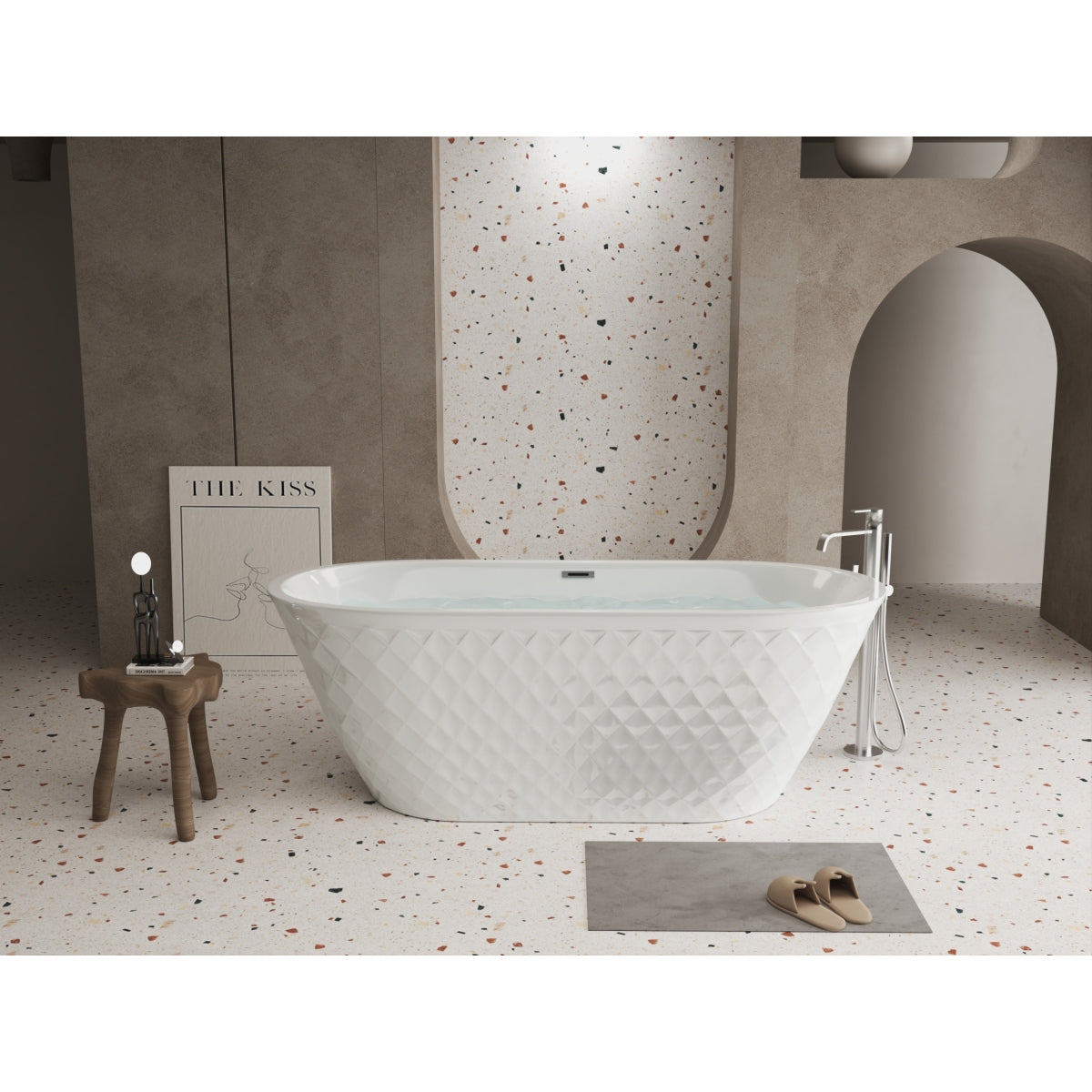59'' acrylic freestanding bathtub with unique diamond pattern design: spacious oval shape,  Gloss white finish, Chrome overflow and pop-up drain CUPC