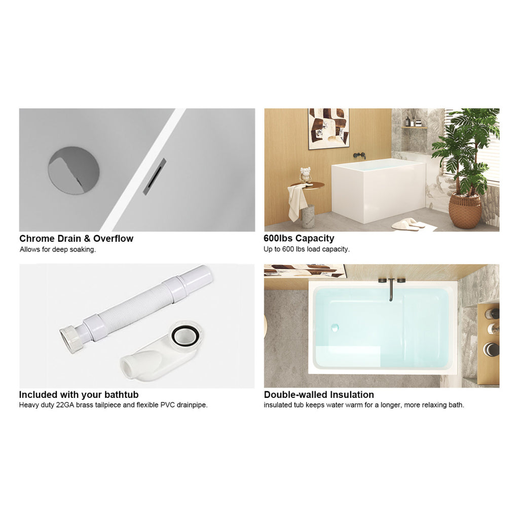 43" Acrylic Freestanding Bathtub with seat: Spacious rectangle Shape, Gloss White Finish, Chrome Overflow & Pop-Up Drain