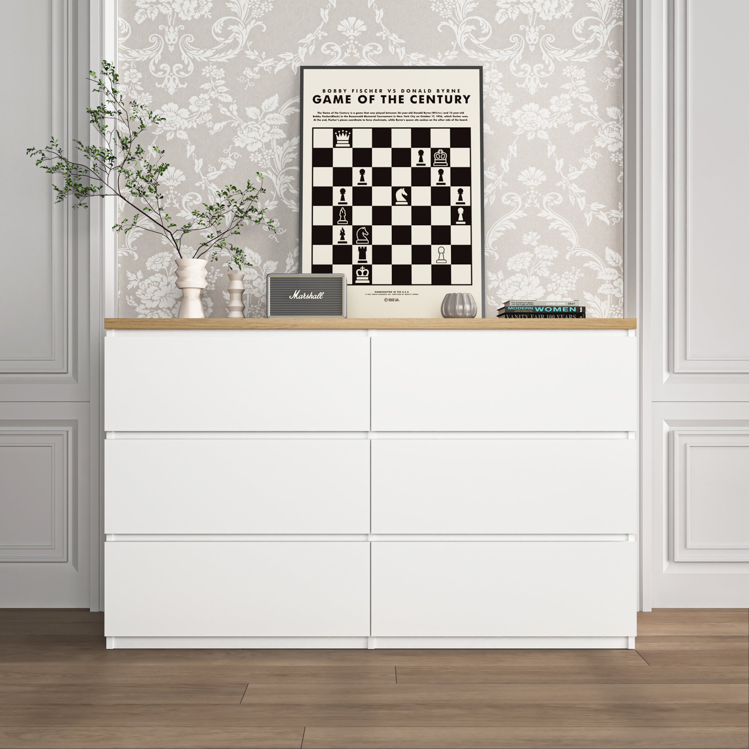 6-Drawer Wide Dresser – Handle-less, Unique Base, White/Wood