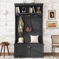 4-in-1 Hall Tree with Display Shelves, Double Hooks & Lower Cabinets – Black Entryway Bench Organizer