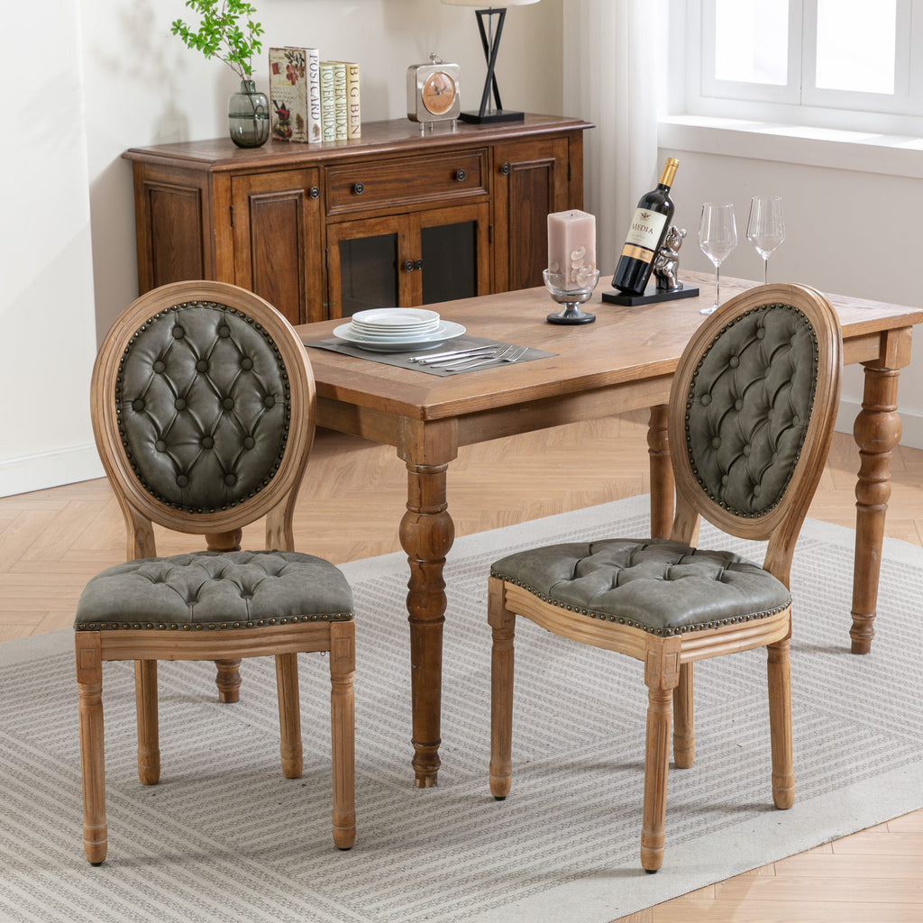 French Style Dining Chairs Set of 2 – Olive Green PU Leather, Nailhead Trim & Solid Rubberwood Frame