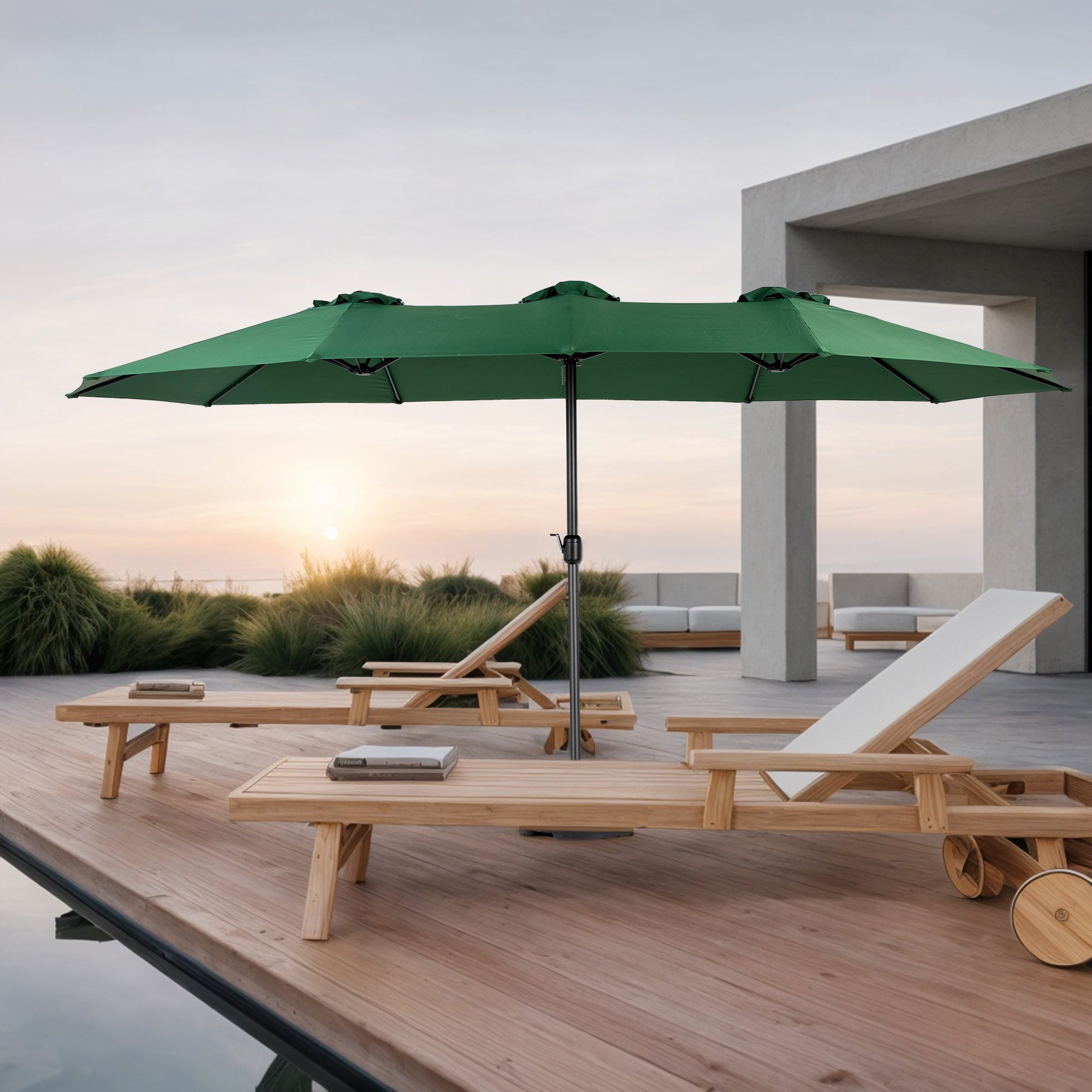 14.8 ft Double-Sided Rectangular Patio Umbrella — 12-Rib Steel Frame, Crank Lift, Dark Green
