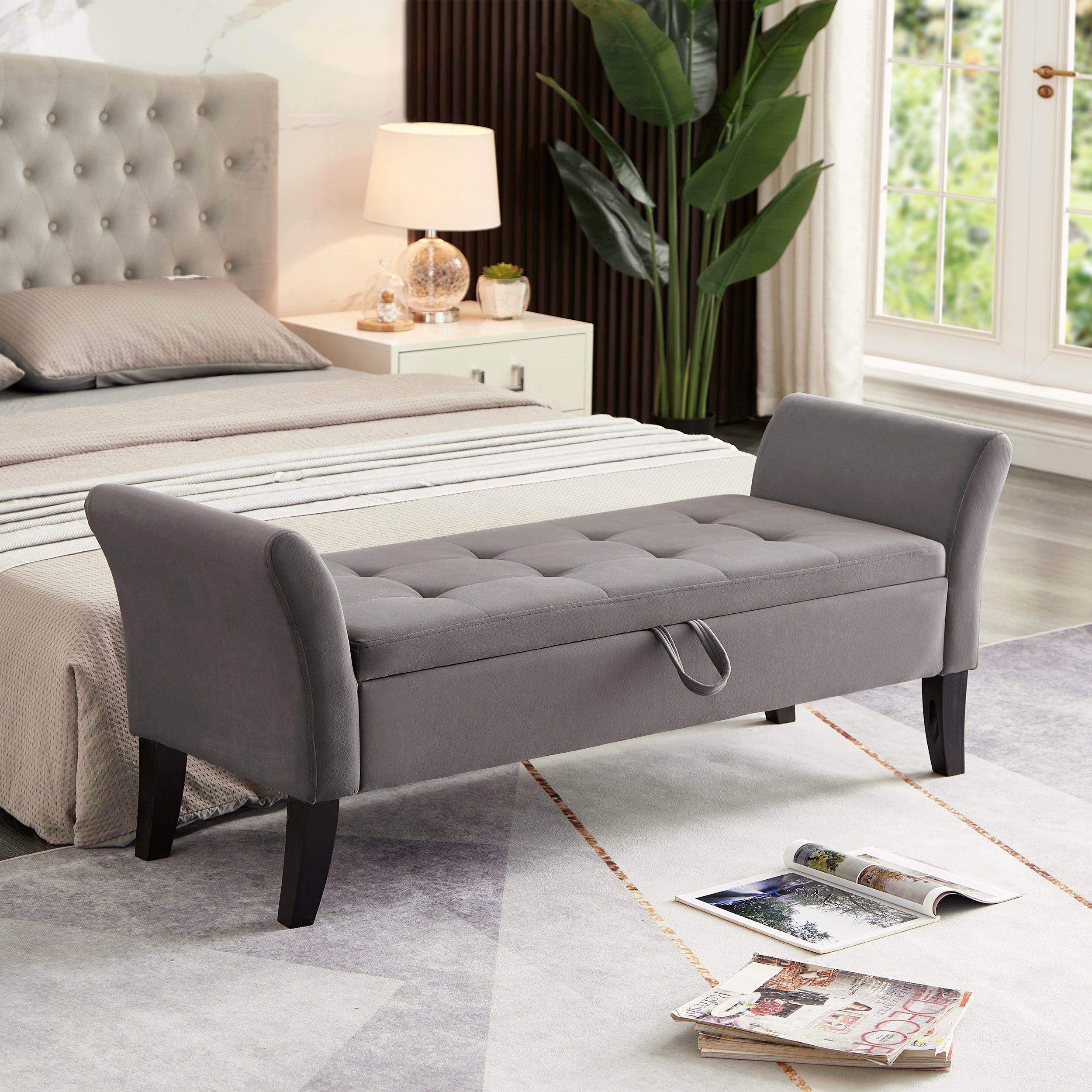 Velvet Storage Bench with Curved Arms in Grey