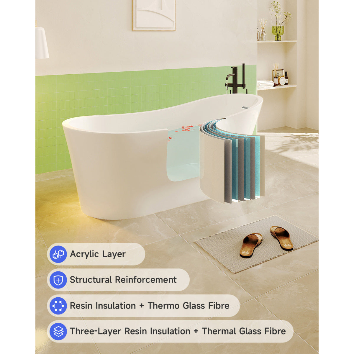 67'' Acrylic Freestanding Bathtub,Deep Soaking Bathtub, Glossy White, Chrome overflow and anti clogging drain, cUPC Certified