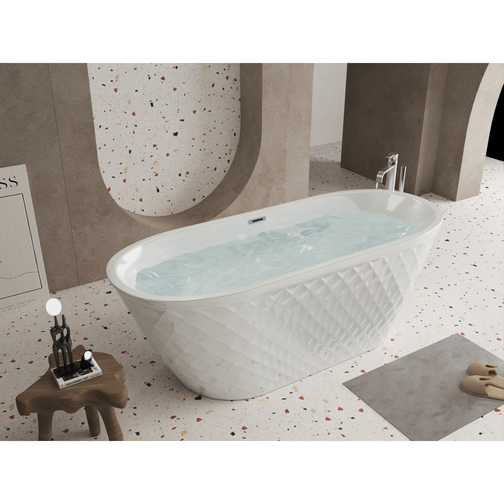 67'' acrylic freestanding bathtub with unique diamond pattern design: spacious oval shape,  Gloss white finish, Chrome overflow and pop-up drain CUPC