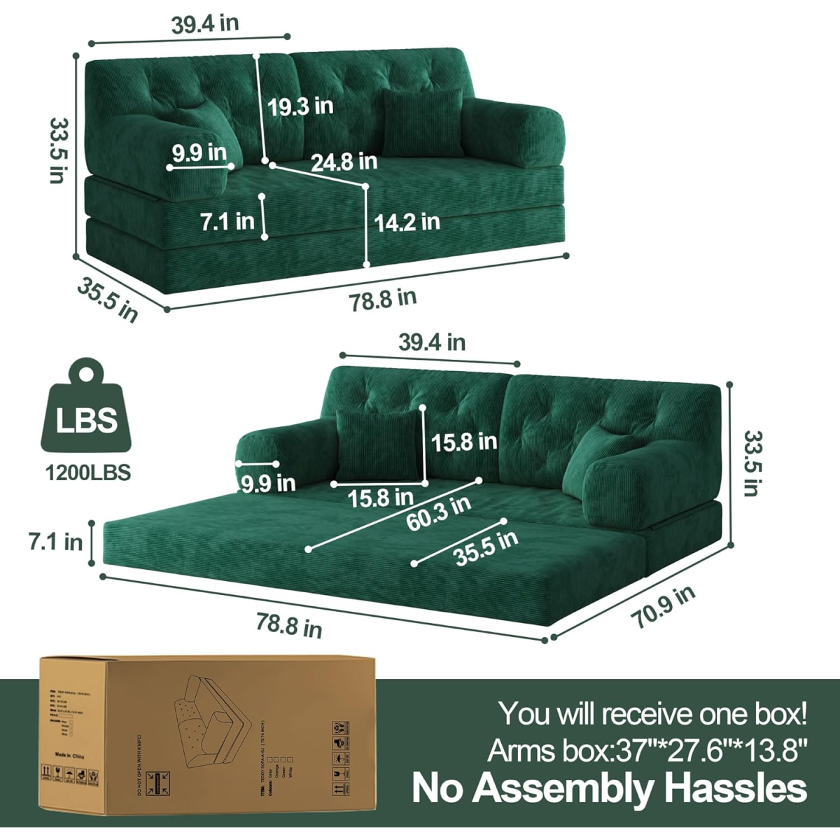 78.8" Modular Sofa Comfortable Floor Sofa Bed for Living Room