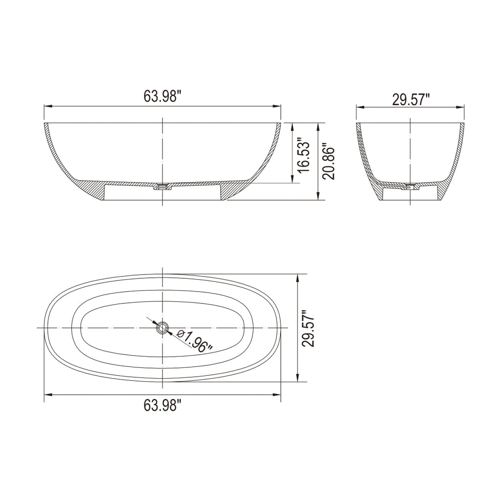 64 inch freestanding solid surface soaking bathtub for bathroom