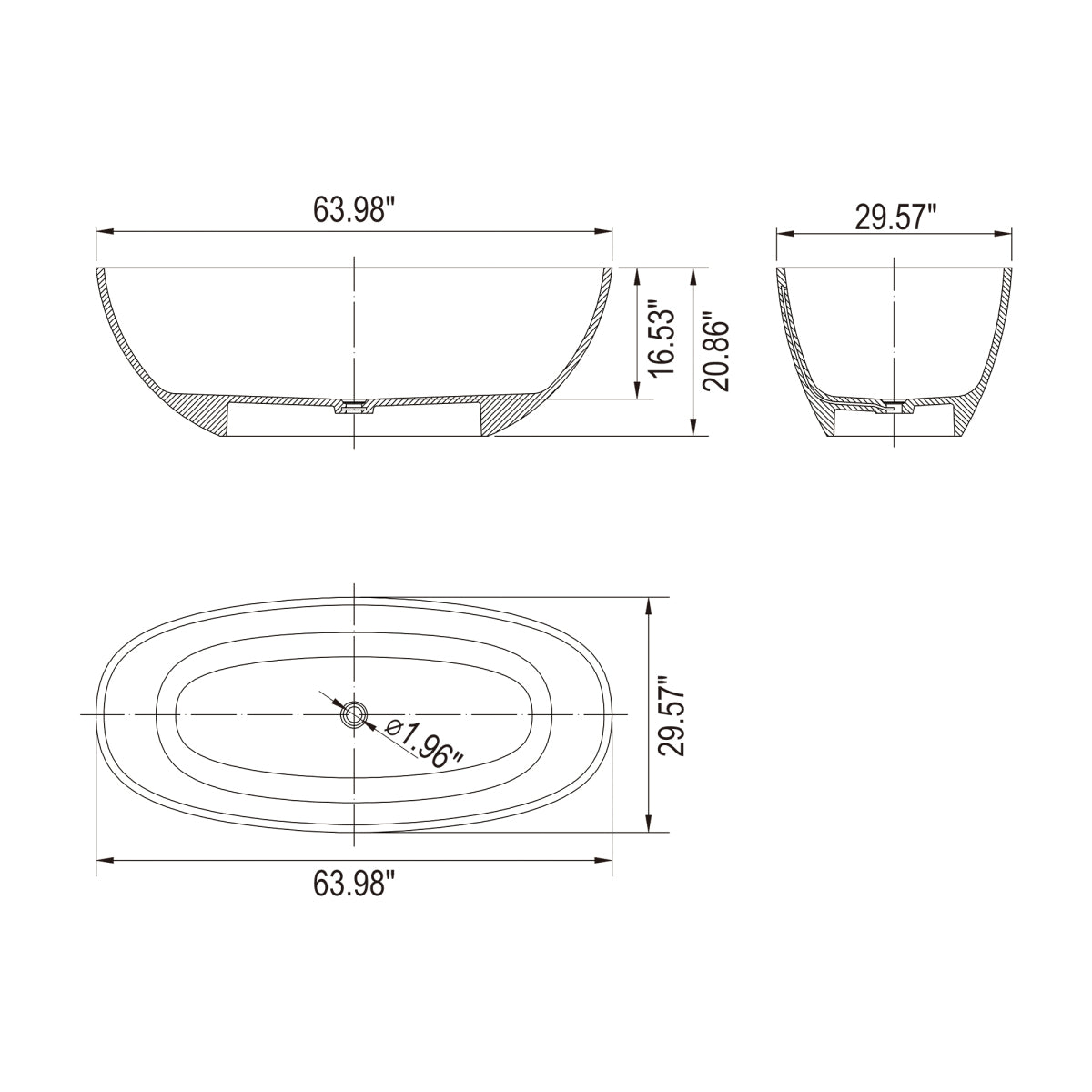 64 inch freestanding solid surface soaking bathtub for bathroom