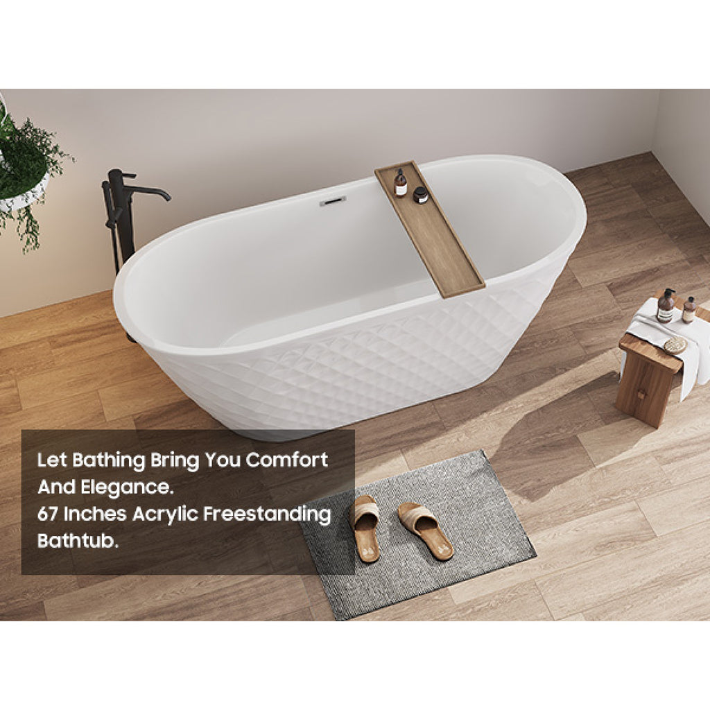 67'' acrylic freestanding bathtub with unique diamond pattern design: spacious oval shape,  Gloss white finish, Chrome overflow and pop-up drain CUPC