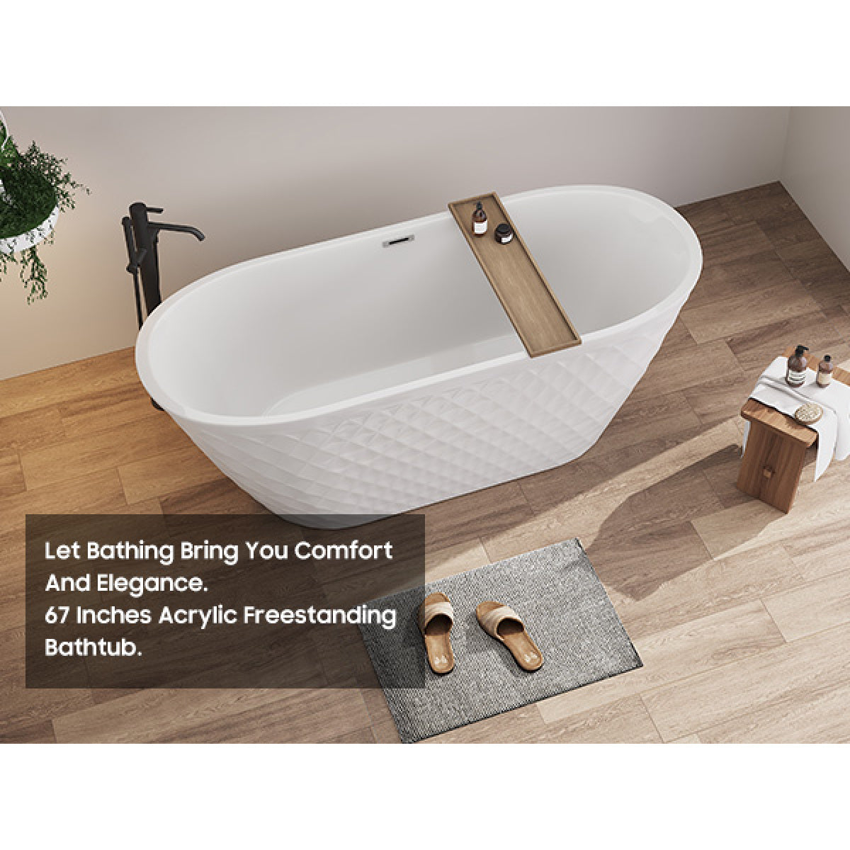 67'' acrylic freestanding bathtub with unique diamond pattern design: spacious oval shape,  Gloss white finish, Chrome overflow and pop-up drain CUPC