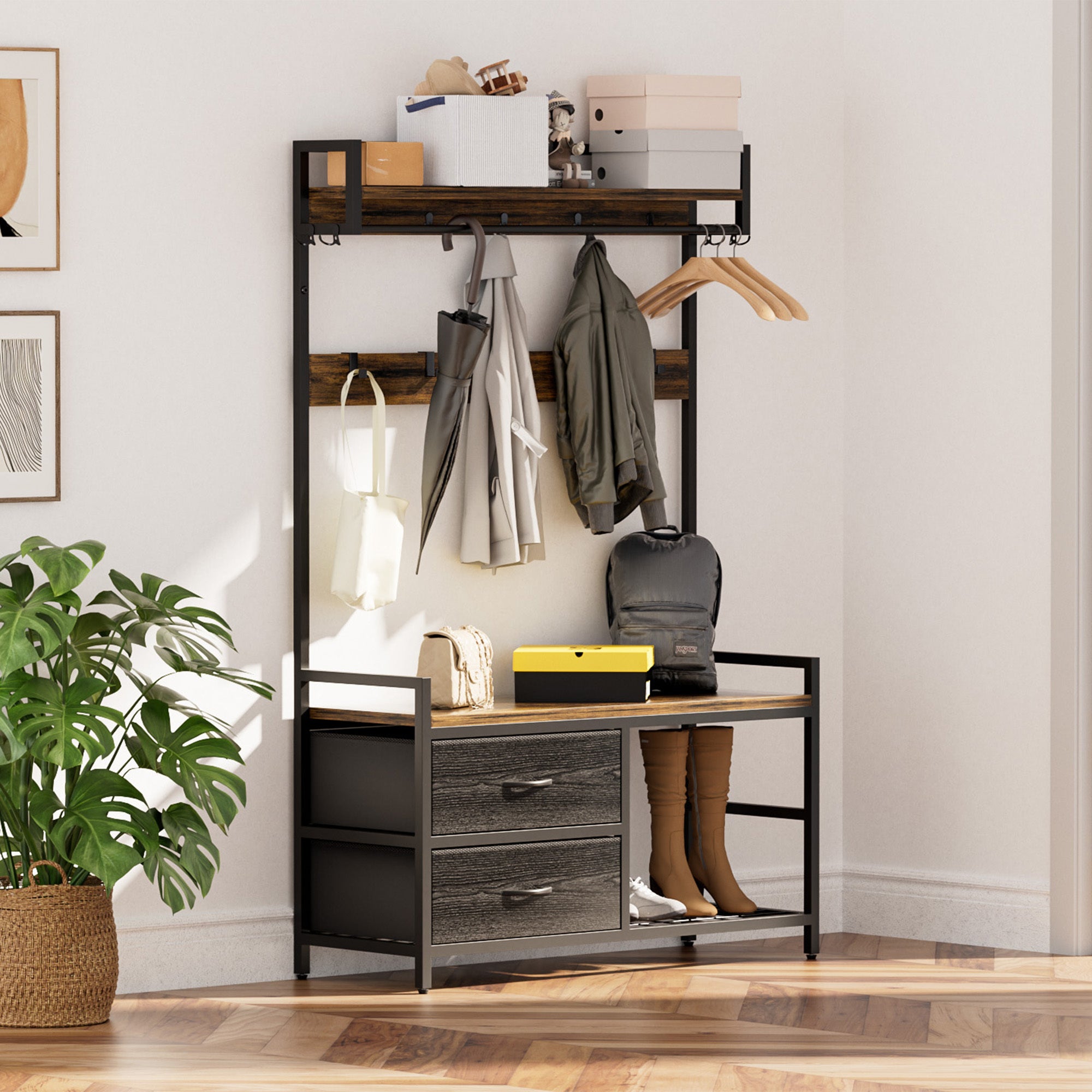 5-in-1 Hall Tree with 23 Hooks, 2 Fabric Drawers, 3-Tier Shoe Storage & Top Shelf – Rustic Brown, 33.1" Wide