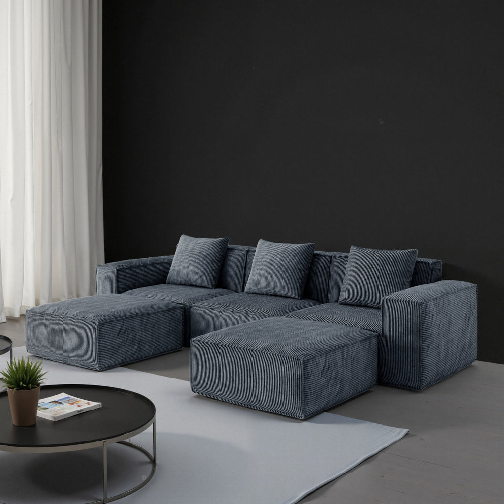 ShineHome 118 Inch Modular Sofa Bed Gray Corduroy Cloud Velvet Fabric With Flexible Configuration And Two Footrests