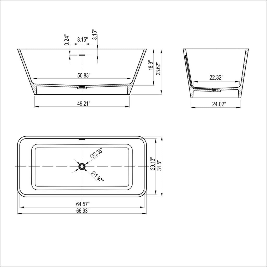 67 inch freestanding solid surface soaking bathtub for bathroom