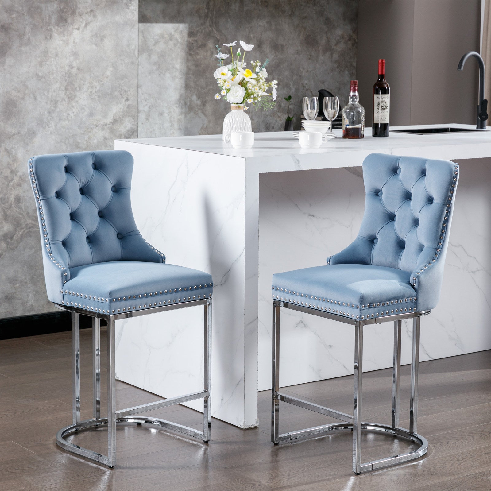 Wingback Counter Stools Set of 2 – Tufted Velvet, Light Blue