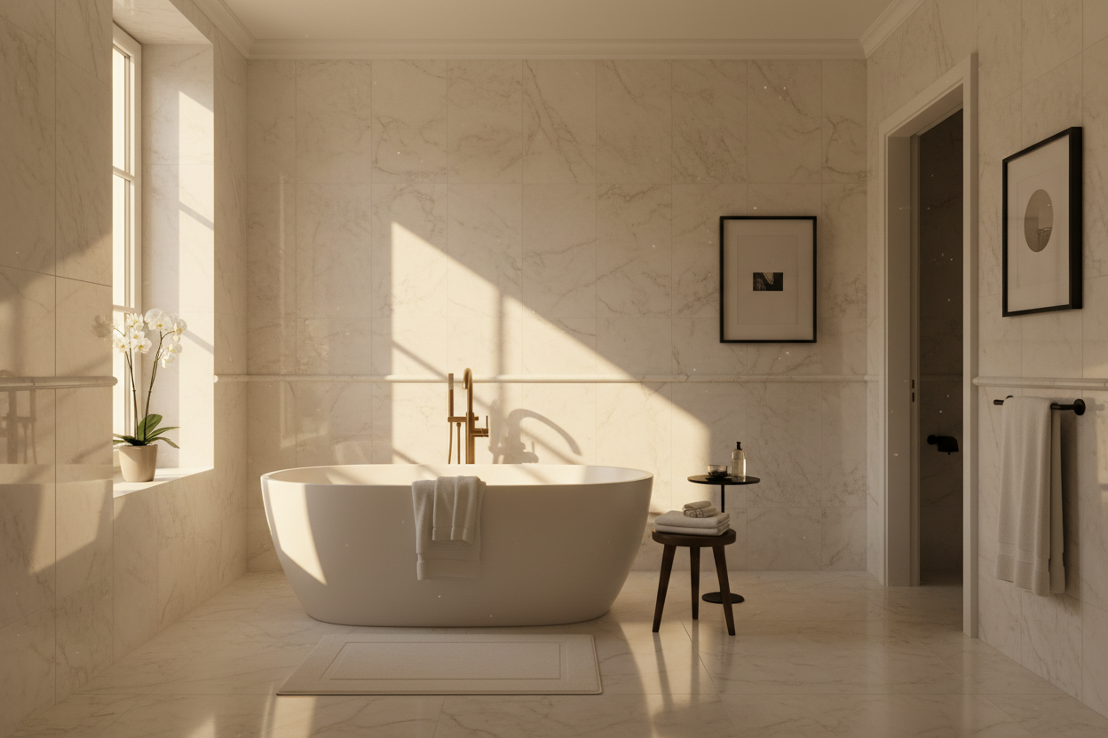 It is placed in a bathroom tiled with marble, with a floor-standing black or gold bathtub faucet beside it. The Light should be soft natural light (Early Morning Light), echoing the warm-toned light and shadow of the Pendant Lighting series here to create a quiet and warm atmosphere. ar:21:9