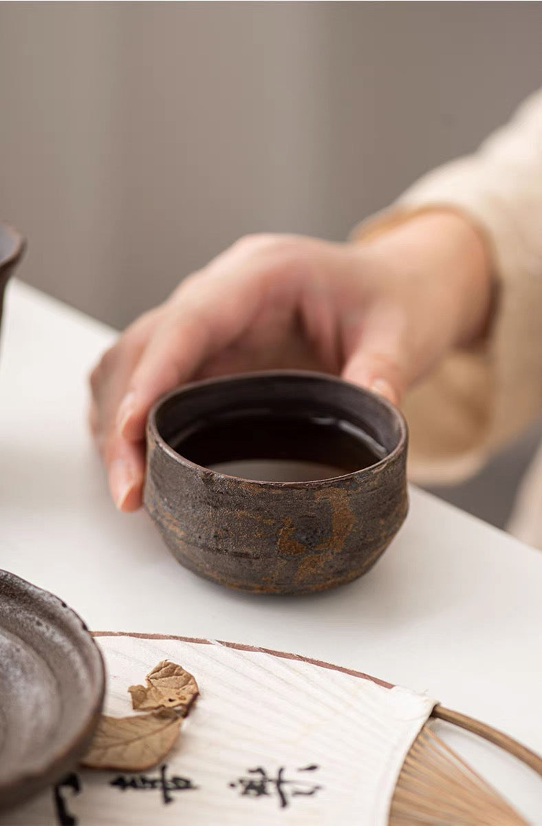 Wabi-Sabi Wood-Fired Coarse Clay Teacup – Host (100ml) or Guest (60ml), Natural Rust Spots