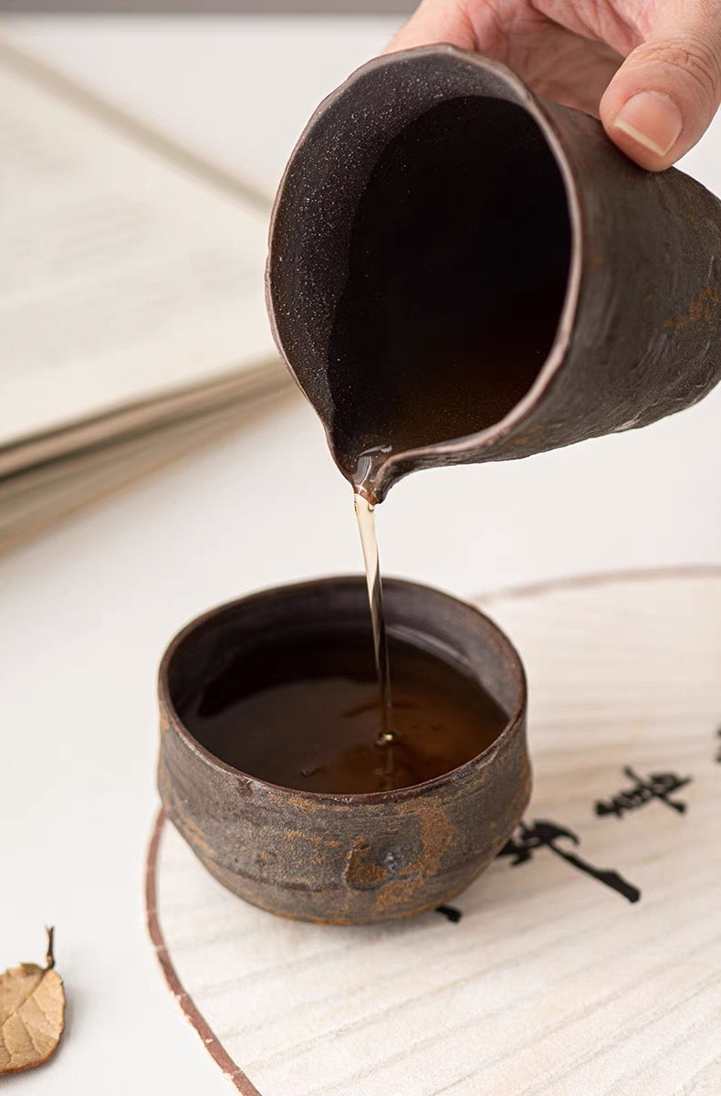 Wabi-Sabi Wood-Fired Coarse Clay Teacup – Host (100ml) or Guest (60ml), Natural Rust Spots