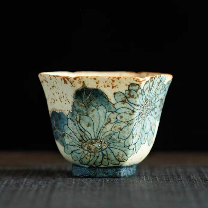 Antique Clay Volcanic Stone Caramel Glaze Tea Cup – Hand-Painted Peony or Lotus, 45ml