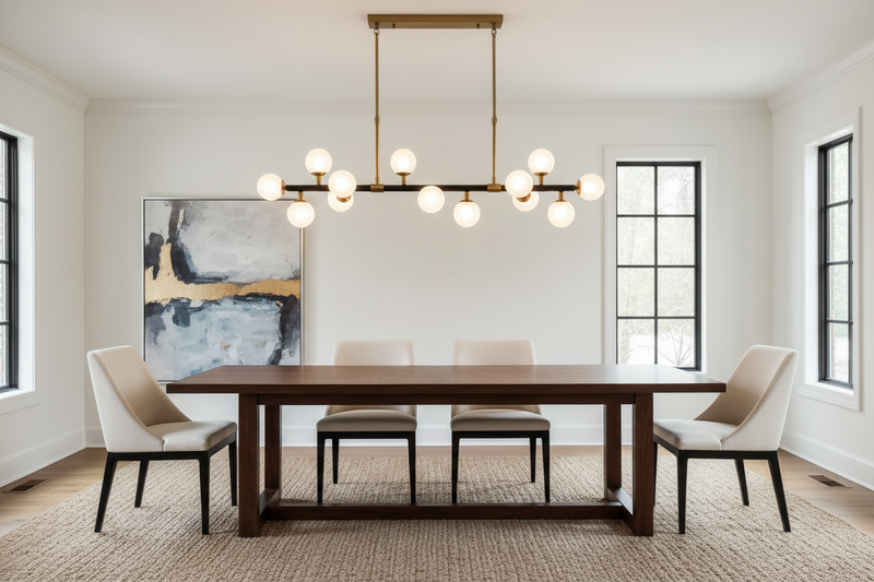 Statement lighting with perfect height and proportion for dinning room.